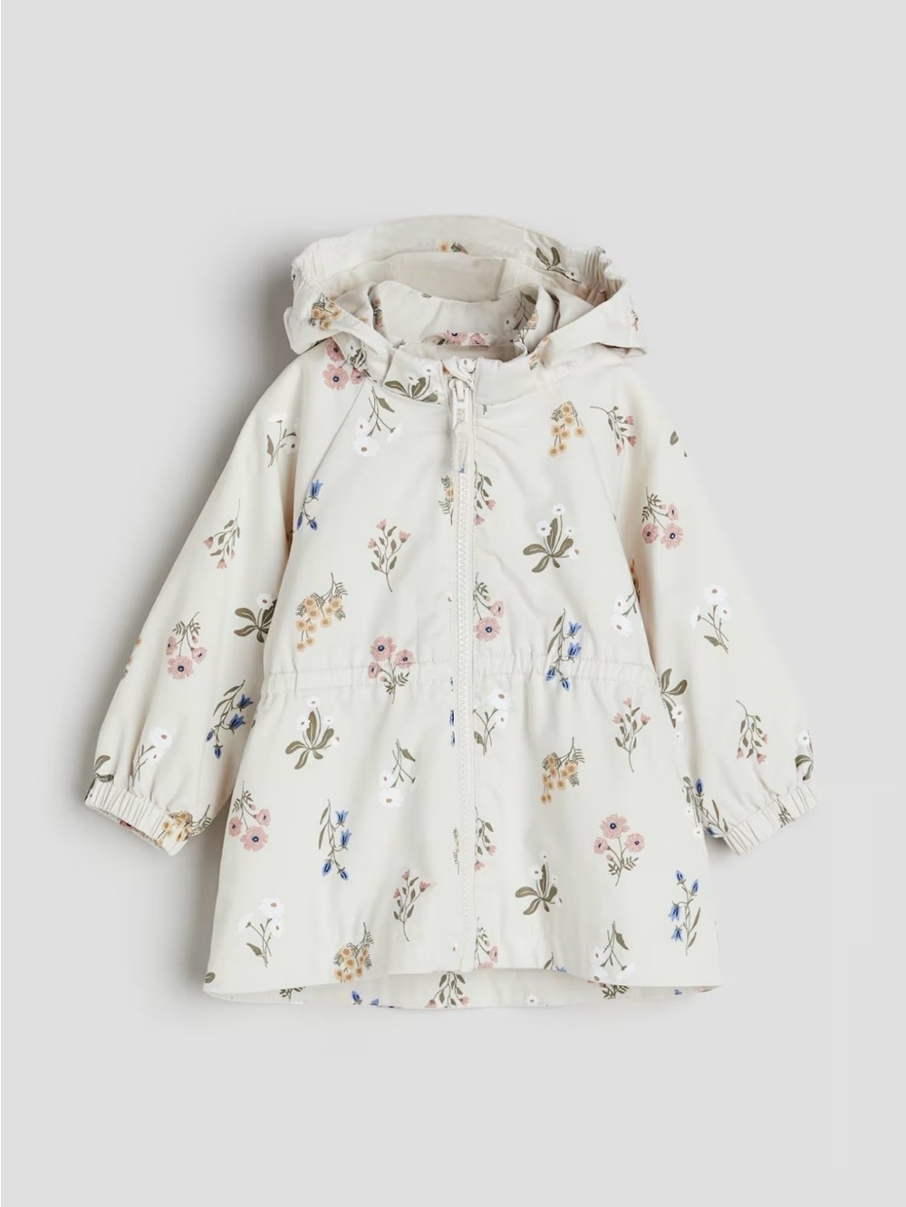 H&M Cotton Twill Parka White Hooded Floral Raincoat with Pink & Blue Accents